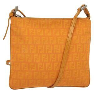 FENDI Zucchino Canvas Shoulder Bag Orange Silver